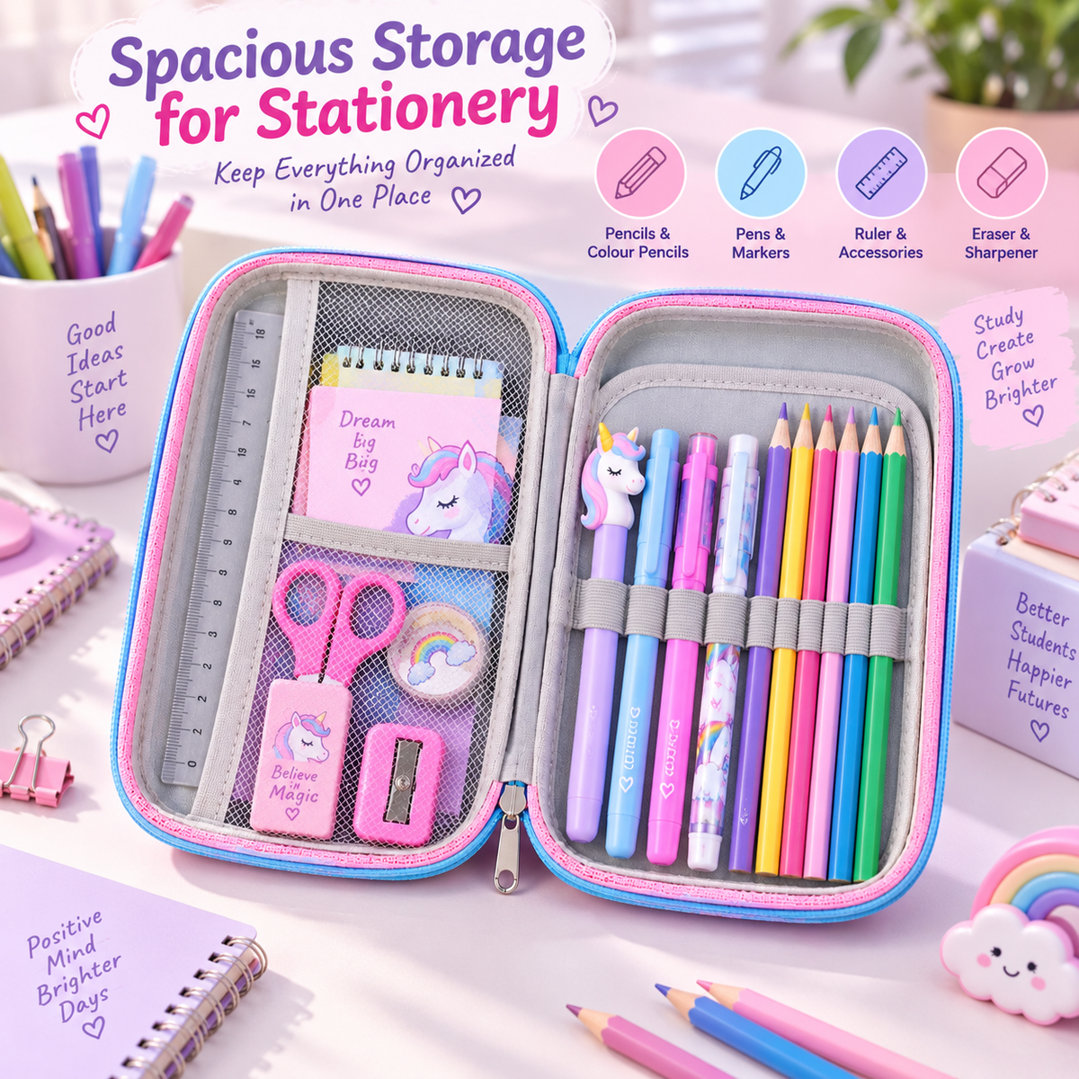 Unicorn Pencil Pouch for Girls – Pink Unicorn Pencil Case with Mesh Pocket & Pen Holders (Copy)