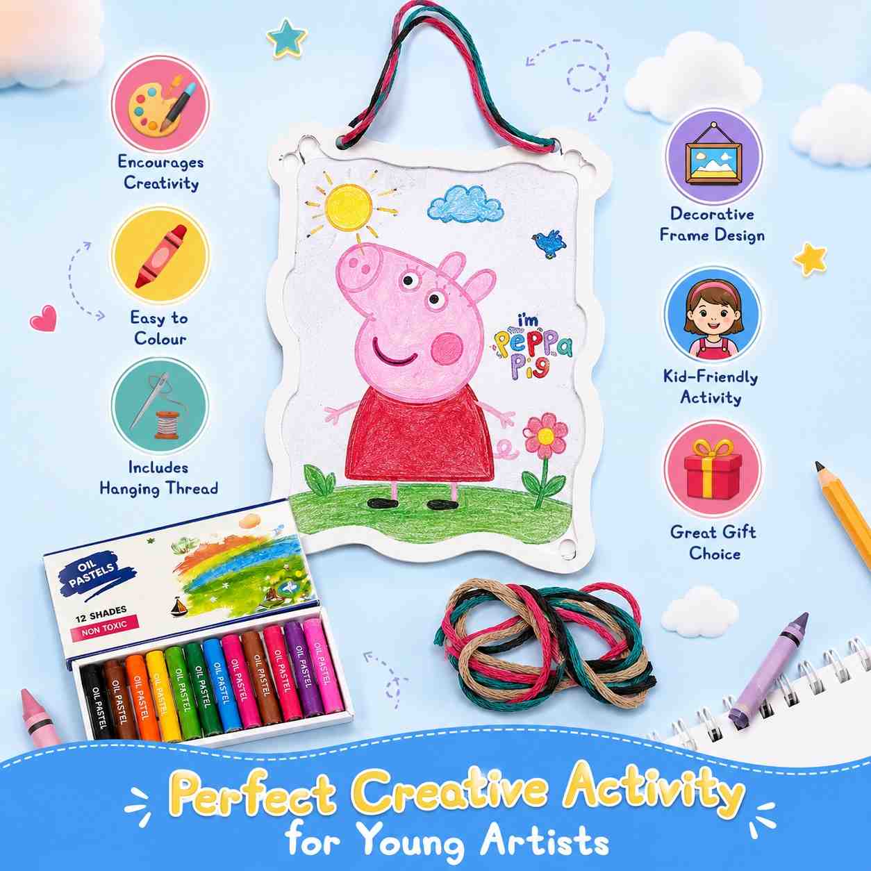 Peppa Theme Colouring Frames Kit with 6 Colouring Sheets, 12 Oil Pastels & Hanging Thread | DIY Kids Art & Craft Activity