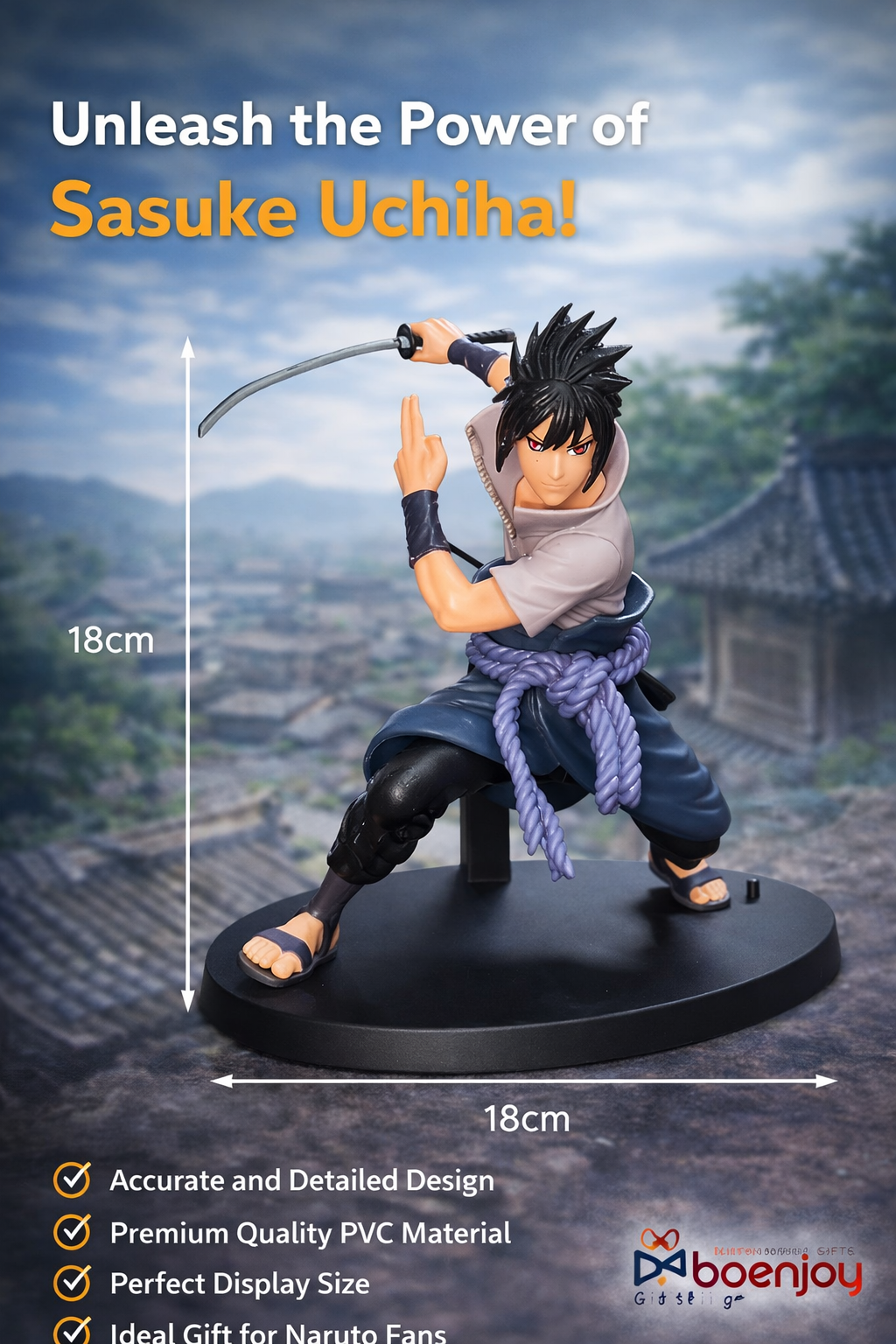 Naruto-Sasuke Uchiha Action Figure 18cm – Naruto Anime Collectible Statue with Sword & Base |