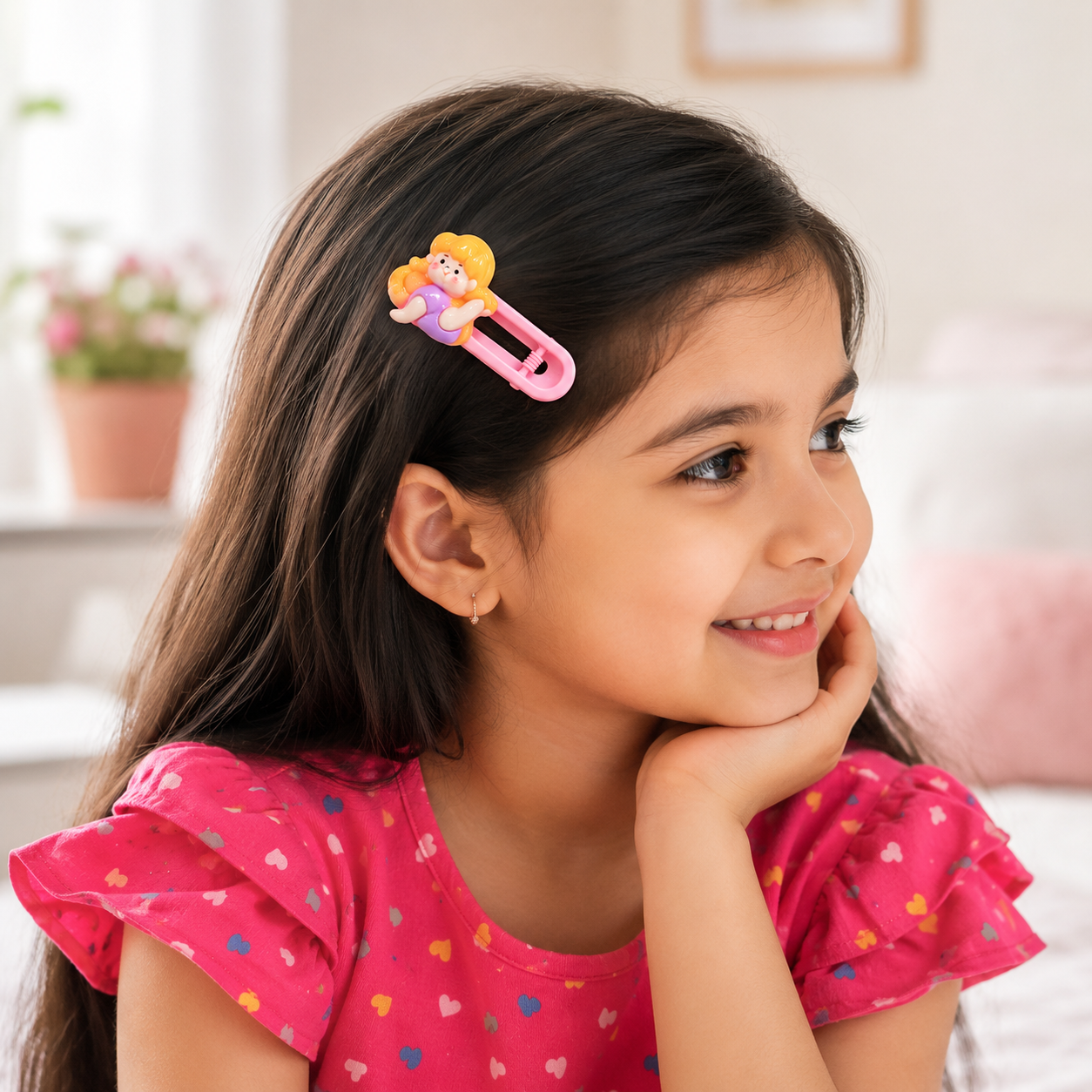 Cute Cartoon Character Hair Clip Set of 5 for Kids, Girls & Teens | Bunny, Angel, Black Hair Girl, Blonde Girl & Blue Hat Girl Snap Hair Clips