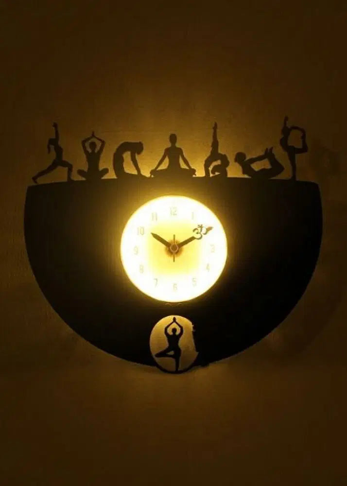 Handcrafted Yoga Pose LED Wooden Wall Clock – 12 Inch Spiritual Decor with Warm Light