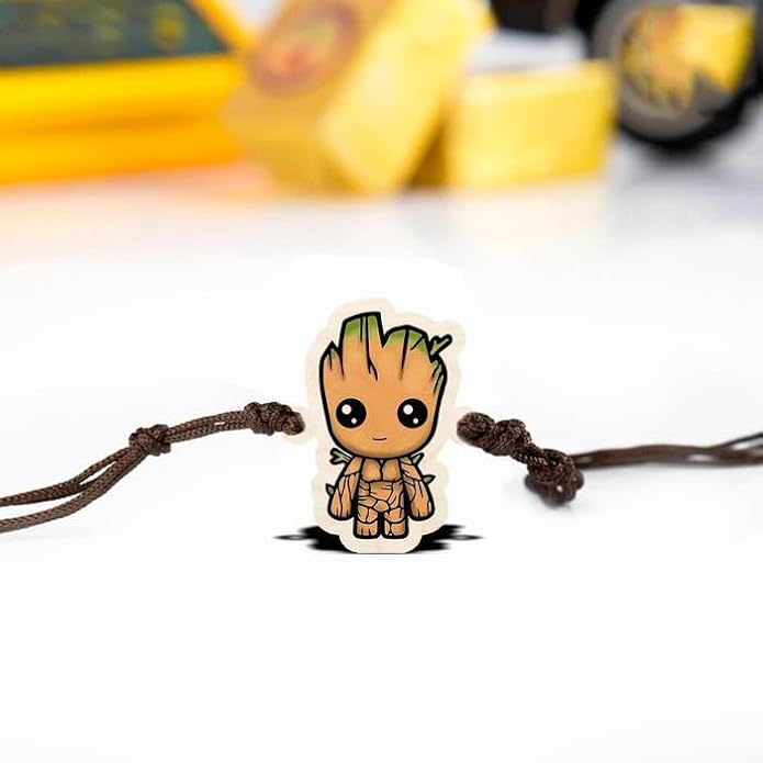 Groot | Premium Wooden Rakhi | Handmade Paper Packing | Soft Nylon Thread | Size - 4 x 3 cm