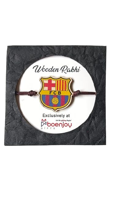 FC Barcelona Football Club | Premium Wooden Rakhi | Handmade Paper Packing | Soft Nylon Thread | Size - 4 x 3 cm
