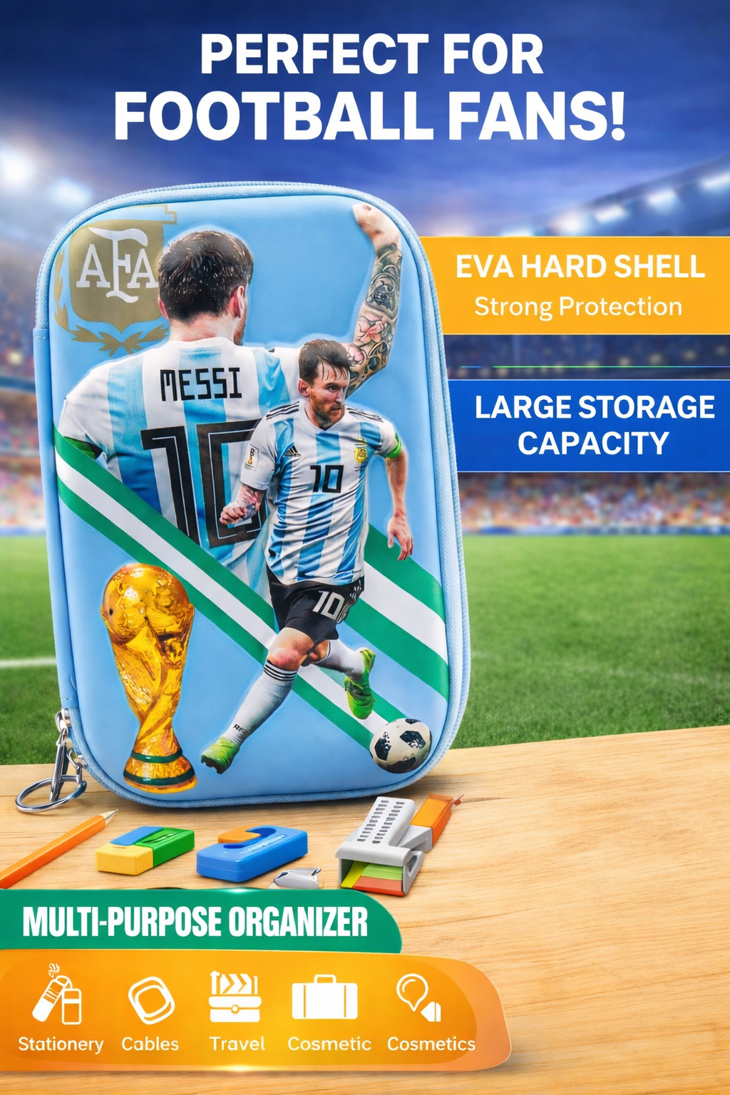 Football Legend Style EVA Hard Shell Organizer Pouch with Pen | Large Capacity Stationery & Travel Organizer Case for Kids, Adults & Travelers | 24 × 17 cm (MESSI)