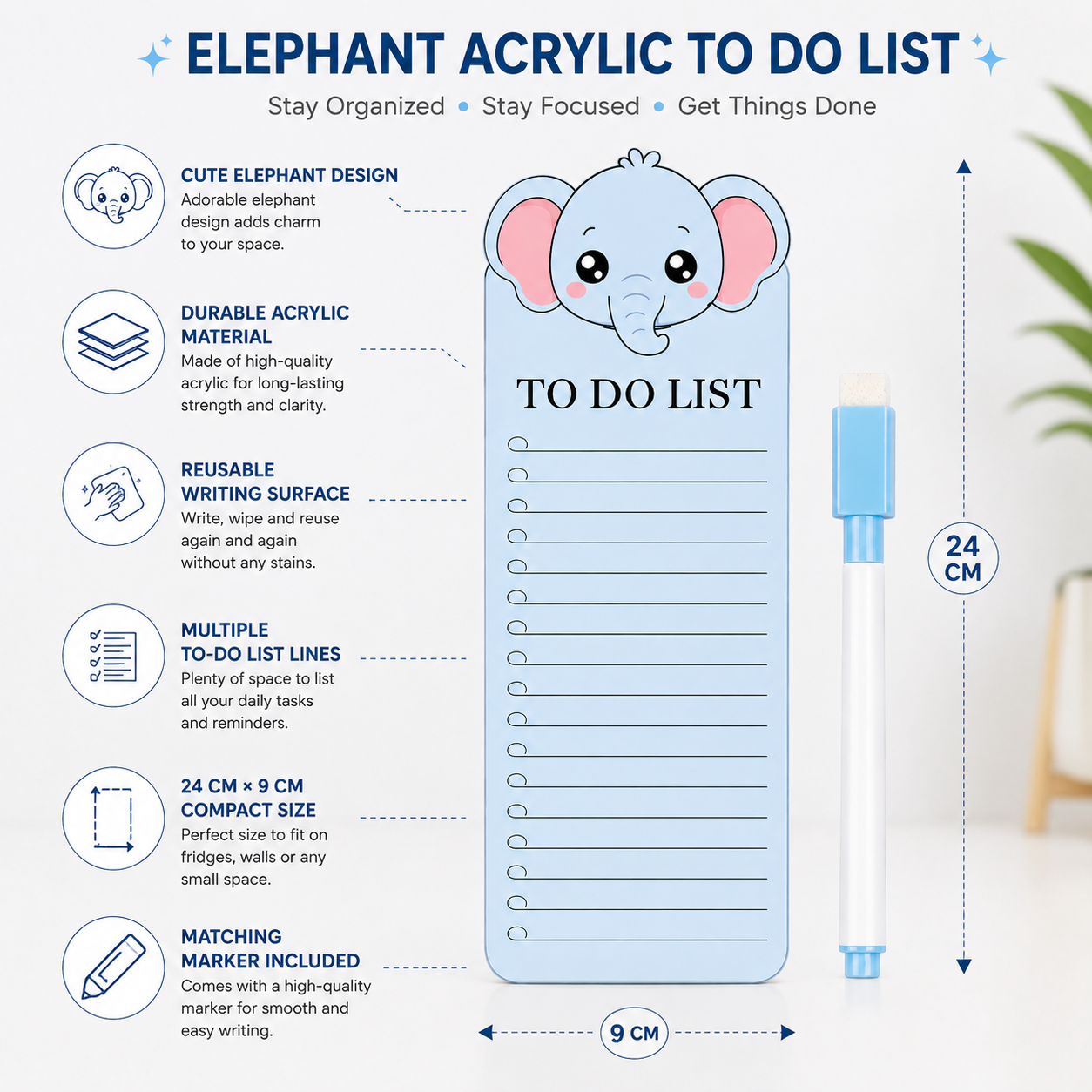 Elephant Acrylic To Do List Board with Marker | Reusable Magnetic To-Do Planner for Home, Office & Study | Cute Elephant Daily Task List Board