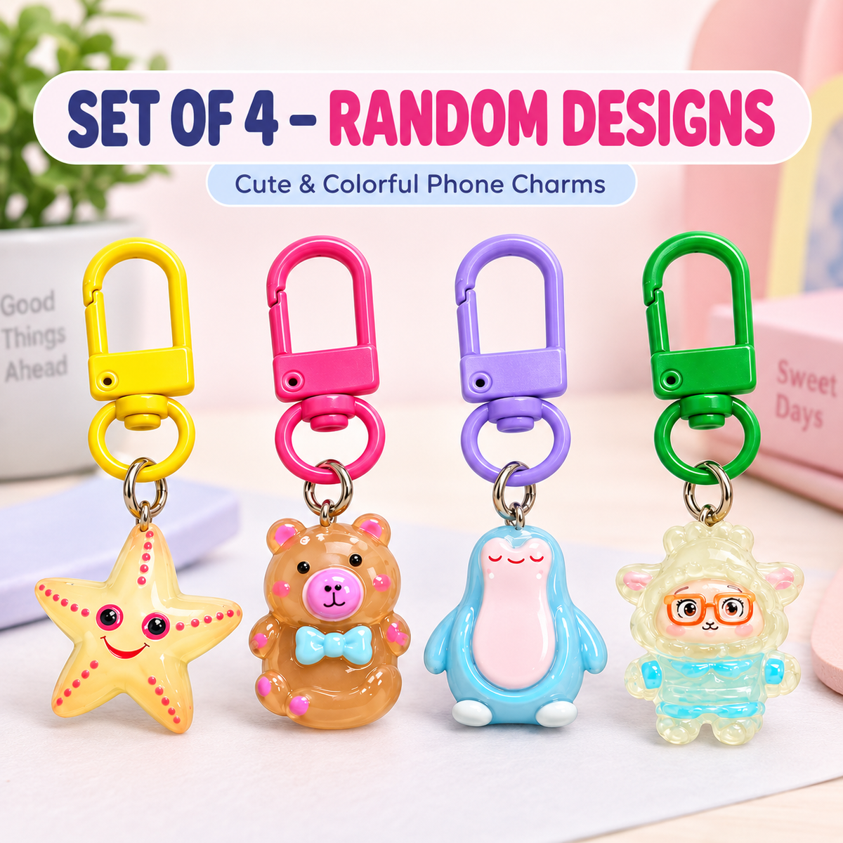 Phone Charms for Girls Set of 4, Cute Random Assorted Designs 6 cm, Colorful Carabiner Keychain Charms for Mobile Phone, Backpack, Handbag & Pouch