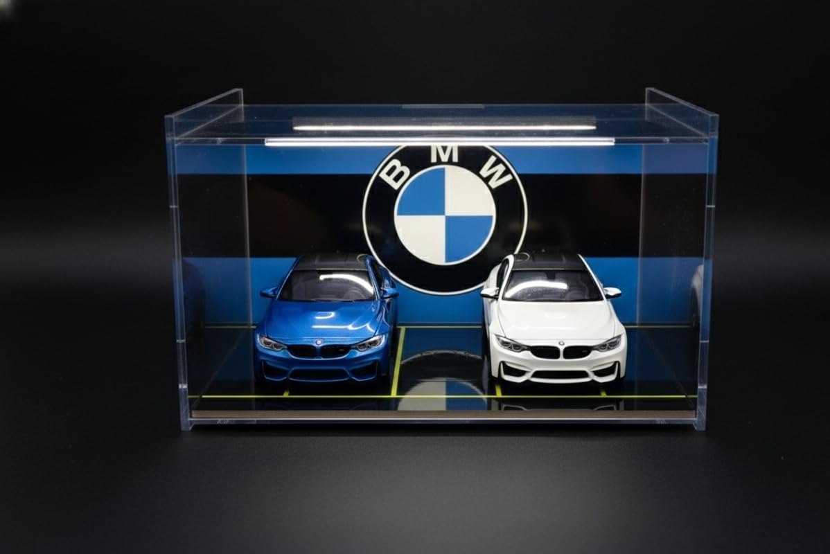 Acrylic Display Garage Case for Hot Wheels- Clear Dustproof with Garage Background, Mini Car Display Box- 21x15x13 cm | to be Assembled (Only Display Case, Without Cars, No Light) BMW