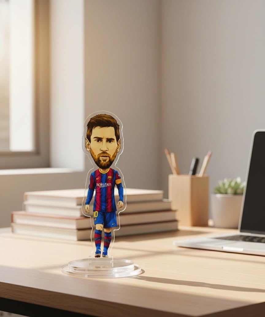 Lionel Messi Acrylic Stand Figure | Premium Football Player Desk Collectible | Clear Acrylic Tabletop Stand for Office, Study & Room Decor