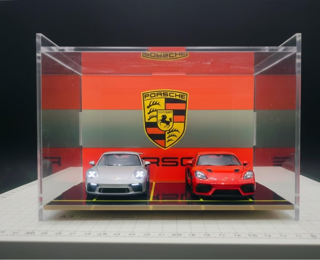Porsche Acrylic Display Garage Case for Hot Wheels- Clear Dustproof with Garage Background, Mini Car Display Box- 21x15x13 cm | to be Assembled (Only Display Case, Without Cars, No Light)