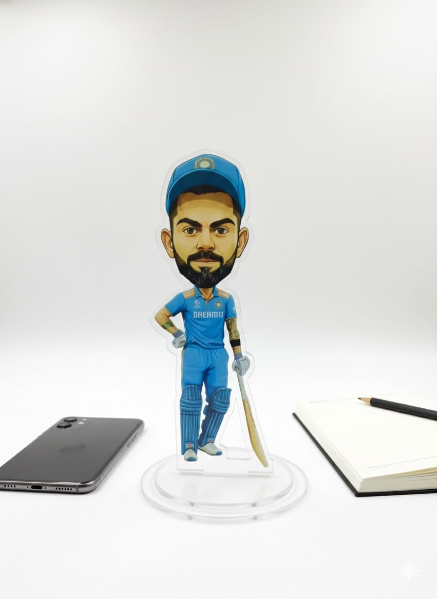 Virat Kohli Acrylic Stand Figure | Premium Cricket Player Desk Collectible | Clear Acrylic Tabletop Stand for Office, Study & Room Decor