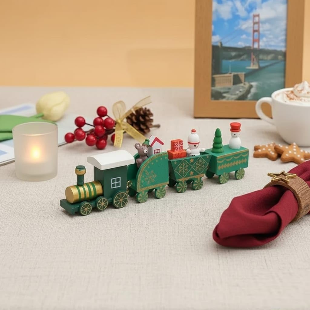 Wooden Christmas Train Decoration, Mini Train | Holiday Table Centerpiece | Christmas Tree Decor | 4-Piece Connectable Train Set | Xmas Home Decoration Gift, Christmas Gifts (Green)
