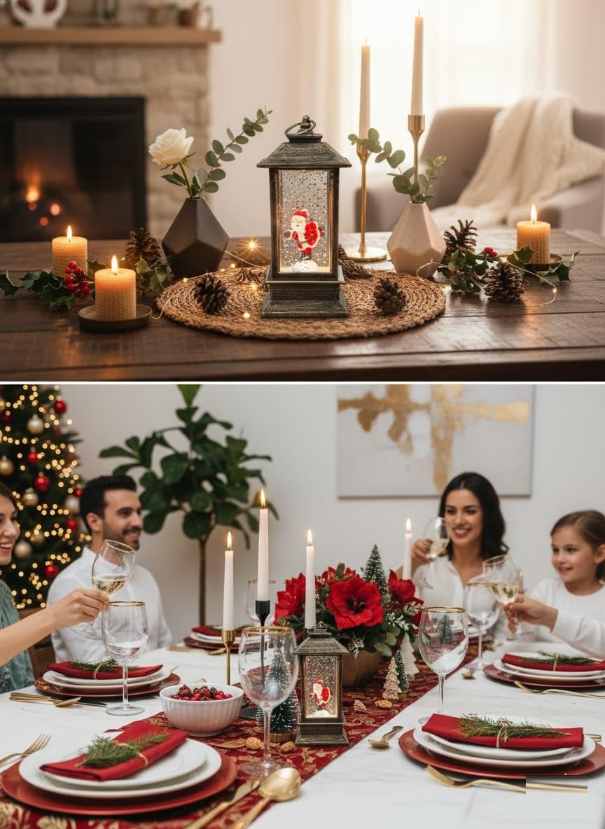 Christmas Snow Globe Lantern with Santa Figurine | 14 cm Lighted Christmas Decoration, Battery Operated Glitter Lantern, Festive Xmas Tabletop Decor, (Only Light, No Music)