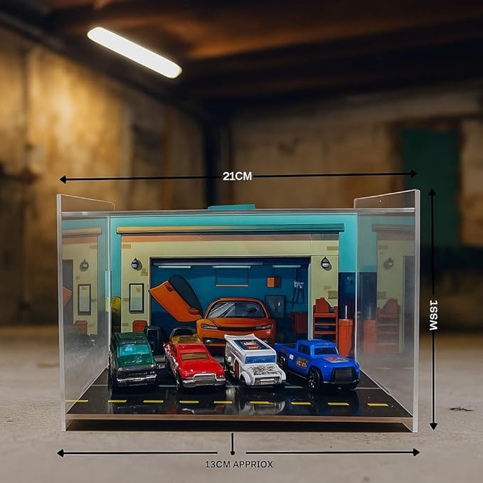 Premium Acrylic Display Garage Case for Hot Wheels - Box- 21x15x13 cm (only The Display case, Without Cars)