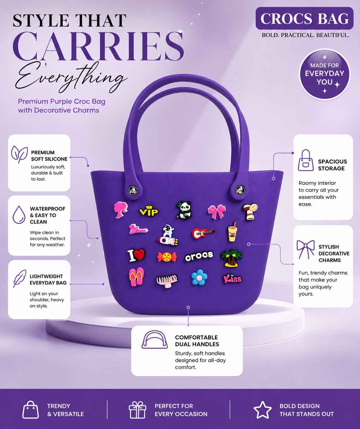 Silicone Croc Tote Bag with Decorative Charms for Girls & Women | Waterproof Lightweight Shoulder Handbag | 33 × 26 × 16 cm | Purple | Large