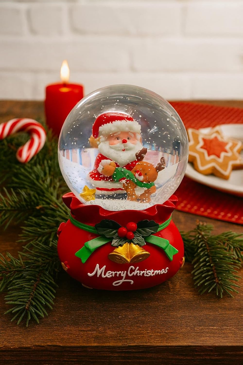 Santa with Bear Snow Globe with LED Light & Music, 16 cm Lighted Christmas Decoration, Snow Globe Swirling Glitter, Christmas Table Decoration, Home Decor Gift for Kids & Adults