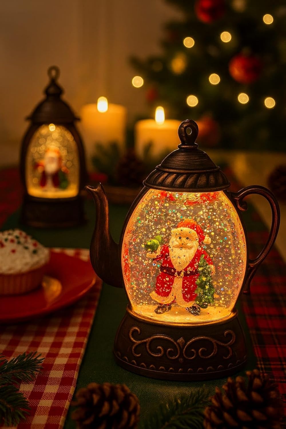 Christmas Snow Globe Kettle Lamp with Santa Figurine, 14 cm Lighted Christmas Decoration, Glitter, Festive Xmas Tabletop Decor, (Only Light, No Music) (Batteries not Included) Brown