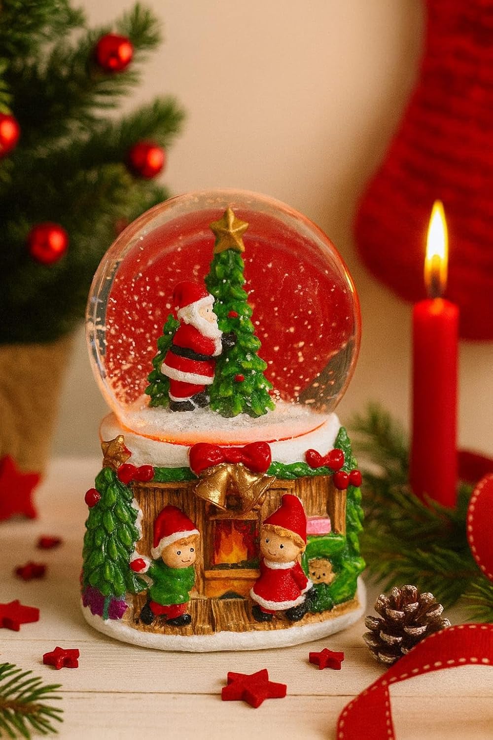 Santa Tree Time Treasure Snow Globe Train | Girl with Tree | 12 cm Lighted Christmas Decoration, Festive Xmas Tabletop Decor, (Only Light, No Music)