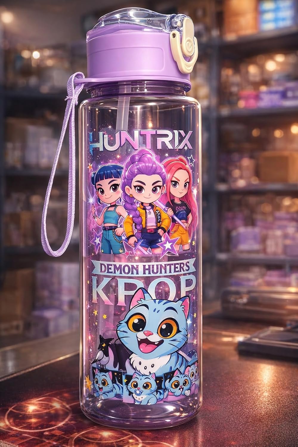 K POP Demon Hunters Water Bottle with Straw, Transparent Bottle, Leakproof BPA-Free Plastic Bottle, School Bottle with Strap, 500 ml, Drinking Bottle for Boys & Girls (1 pc- Random Design)