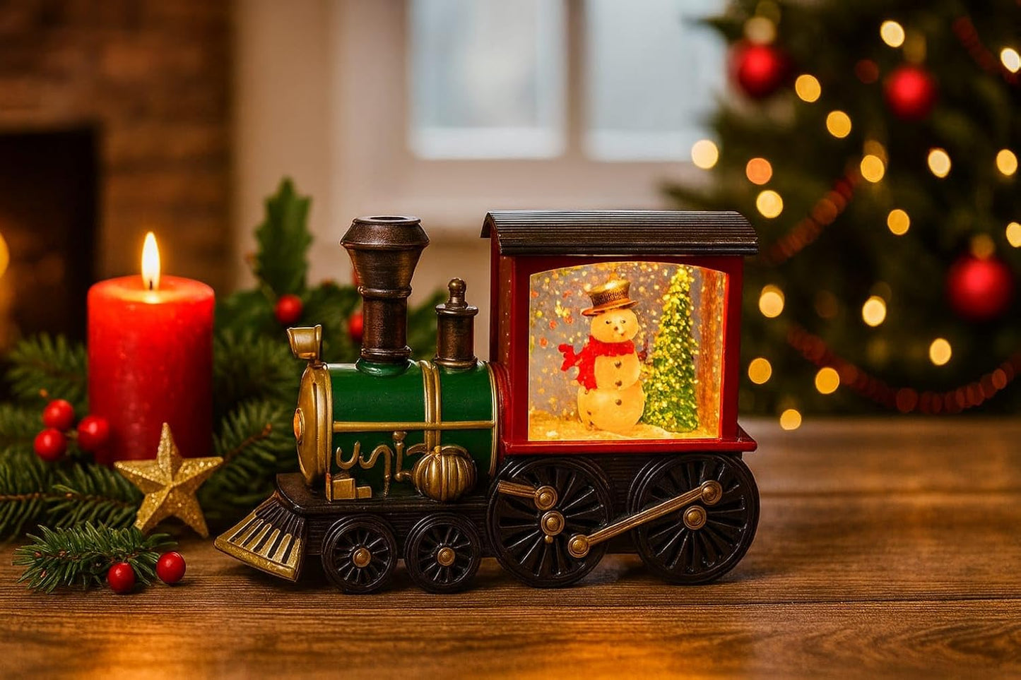 Christmas Snow Globe Train | Snowman | 14 cm Lighted Christmas Decoration, Glitter Lantern, Festive Xmas Tabletop Decor, (Only Light, No Music)