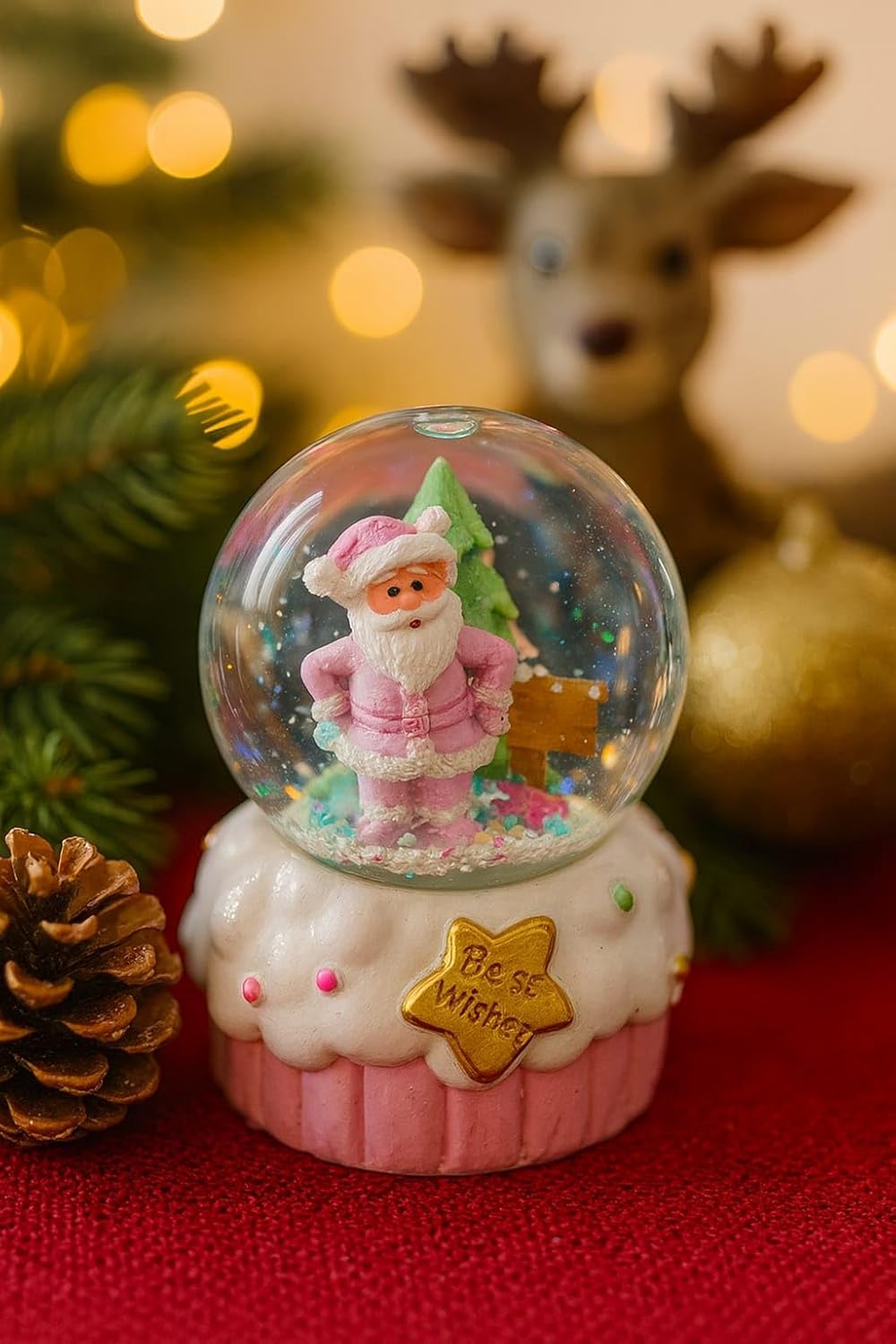 Pink Santa Snow Globe, 10 cm Christmas Decoration | NO Light & NO Music | Cute Snow Globe Decoration for Home, Table & Gift | Warm LED Look | Holiday Xmas Decor for Kids & Adults