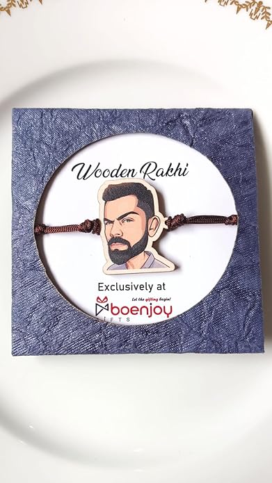 Virat Kohli | Premium Wooden Rakhi | Handmade Paper Packing | Soft Nylon Thread | Size - 4 x 3 cm