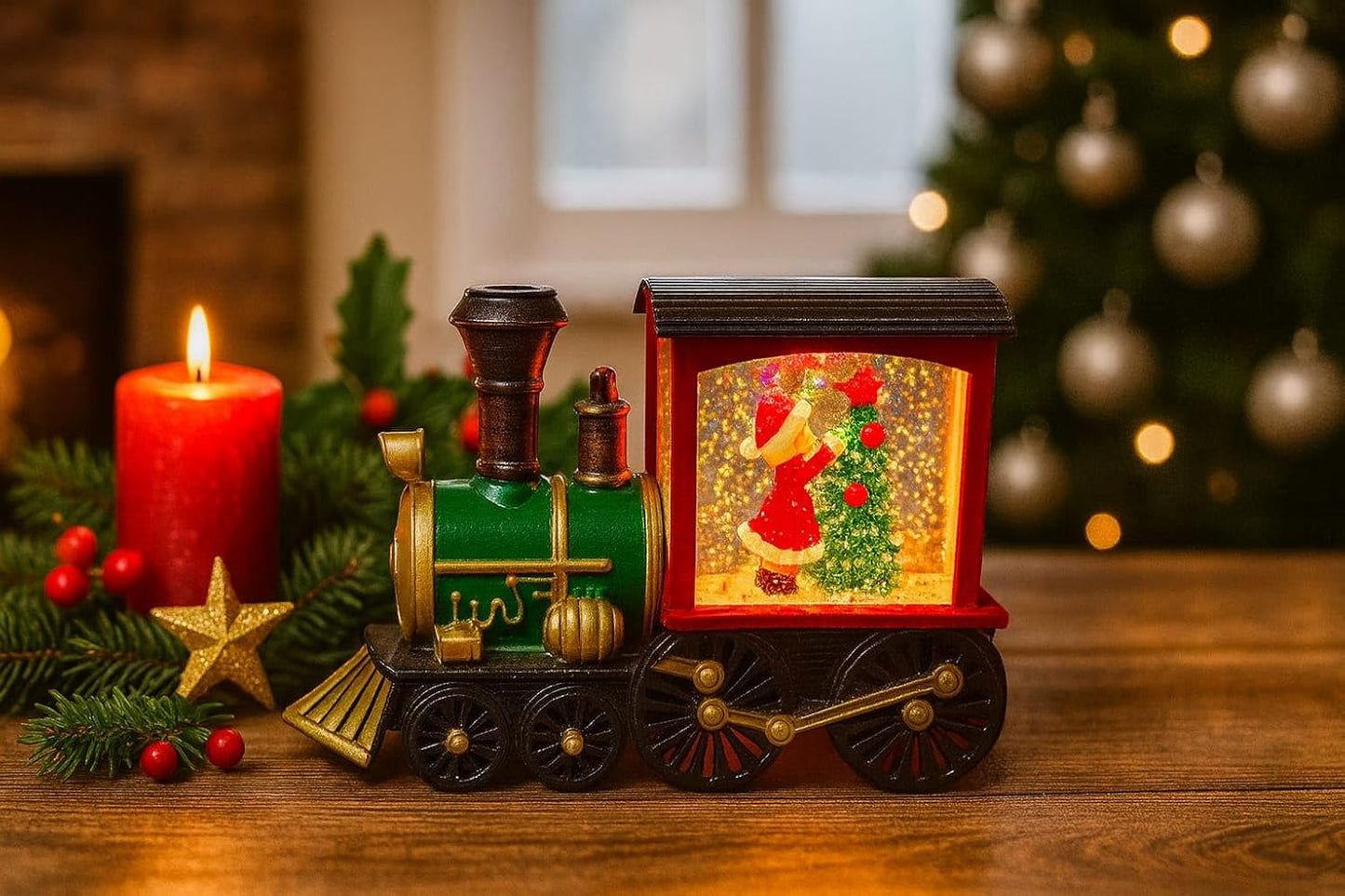 Christmas Snow Globe Train | Girl with Tree | 14 cm Lighted Christmas Decoration, Glitter Lantern, Festive Xmas Tabletop Decor, (Only Light, No Music)