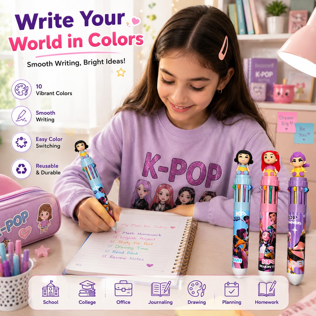 K-Pop Demon Hunters Themed 10-in-1 Multicolor Pen Set of 3 | Cute Character Topper | 10 Color Retractable Ball Pens for School, Office, Journaling & Gifts