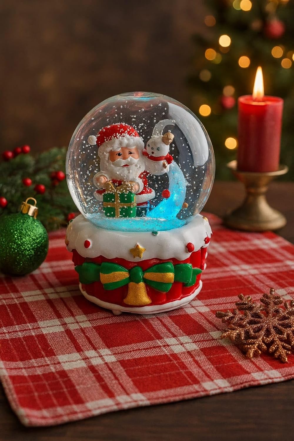 Santa with Snowman Snow Globe with LED Light & Music, 12 cm Lighted Christmas Decoration, Glitter Snow Globe, Christmas Table Decoration, Home Dcor Gift for Kids & Adults