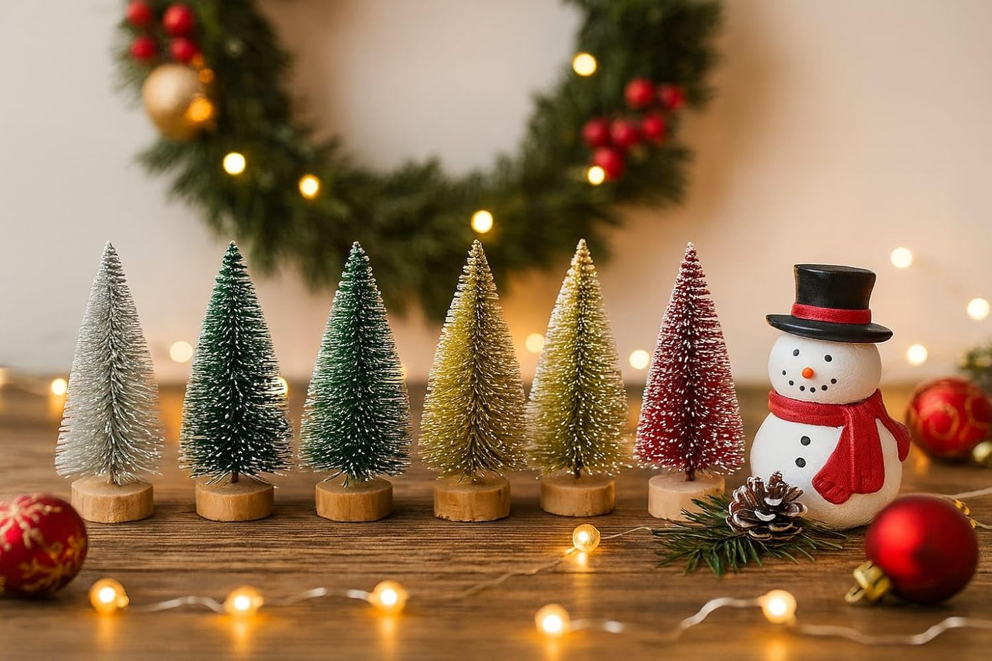 Mini Christmas Trees for Decoration Pack of 6 (10 cm) Bottle Brush Tabletop Trees with Wooden Base | Miniature Xmas Tree Decor for Home, Office Desk, Christmas Gifts