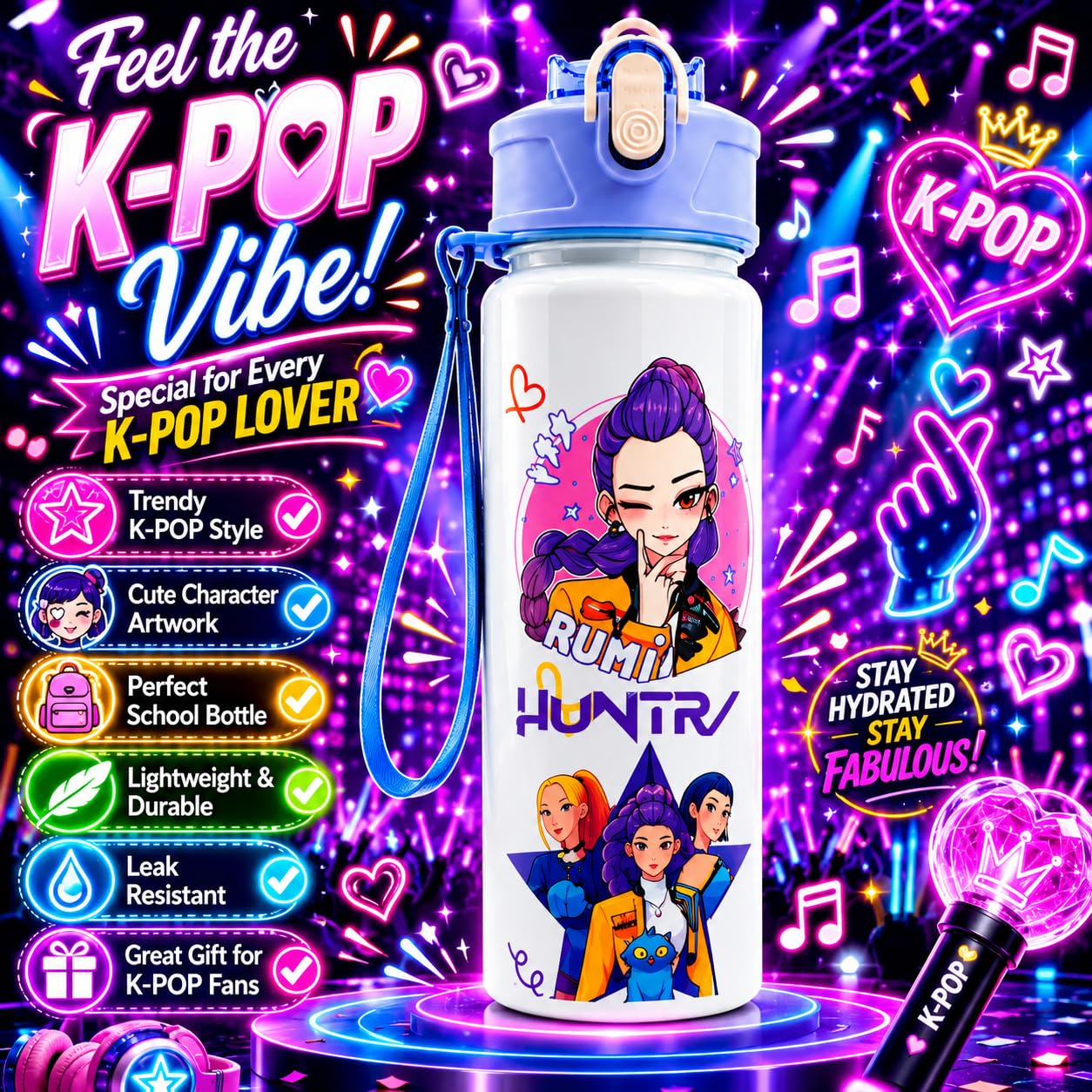 K Pop Demon Hunters Water Bottle for Kids 650ML | Leak Proof Straw Bottle with Carry Strap | Anime K Pop School Water Bottle | BPA Free Sports Bottle