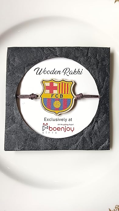 FC Barcelona Football Club | Premium Wooden Rakhi | Handmade Paper Packing | Soft Nylon Thread | Size - 4 x 3 cm