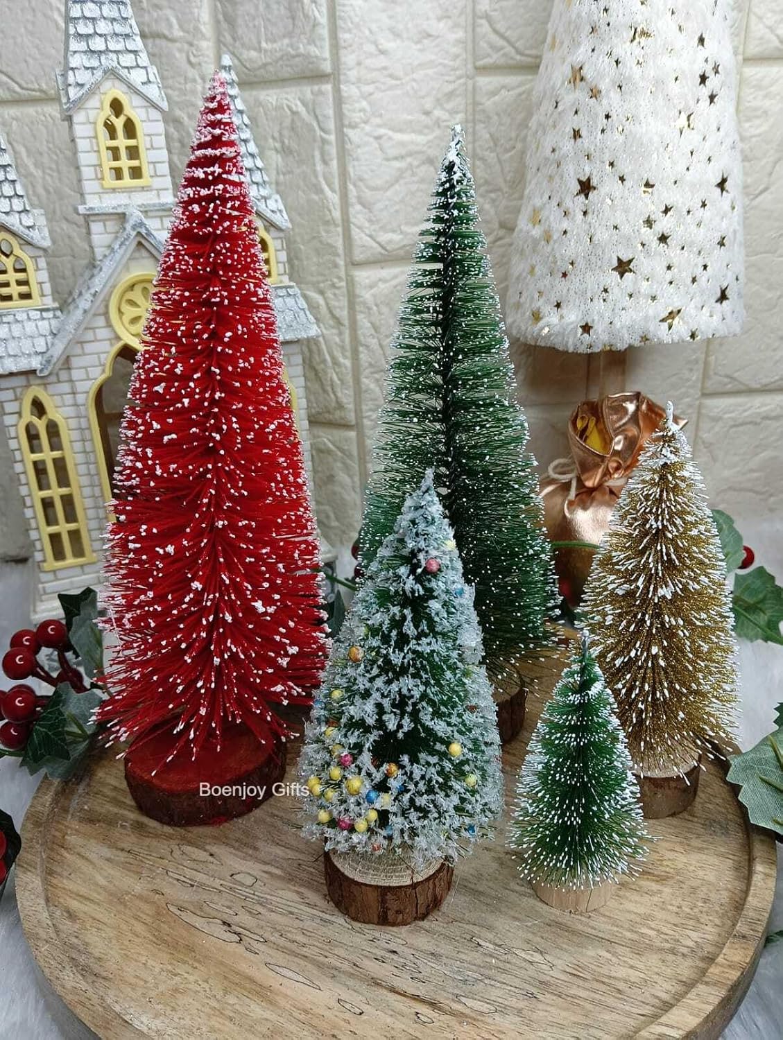 Gold Mini Christmas Tree Showpiece for Tabletop Decoration - Artificial Snow, Wooden Base, No Lights or Music (16 cm)