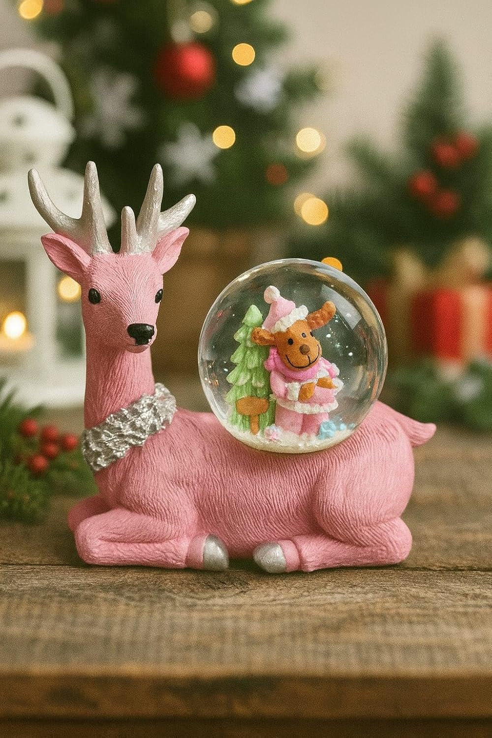 Pink Reindeer Snow Globe, 10 cm Christmas Decoration | NO Light & NO Music | Cute Deer Figurine with Bear Dome | Festive Xmas Table Dcor for Home, Office & Gifting
