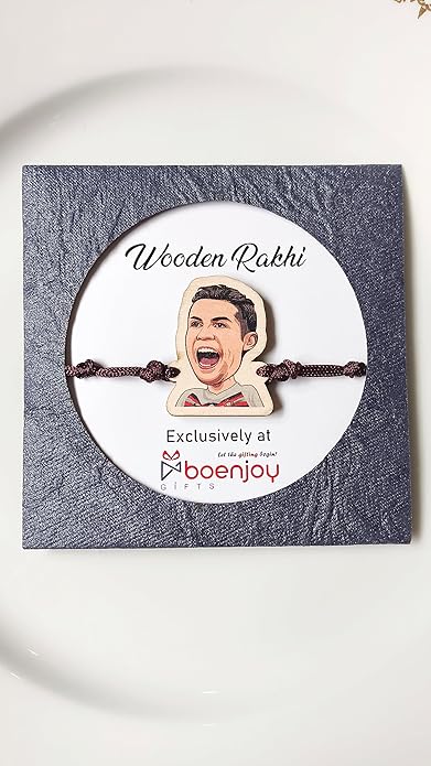 Cristiano Ronaldo | Premium Wooden Rakhi | Handmade Paper Packing | Soft Nylon Thread | Size - 4 x 3 cm