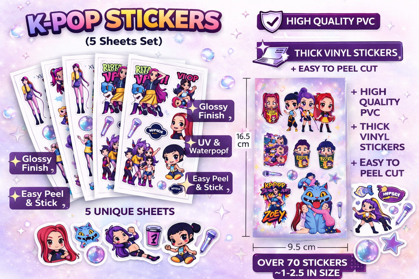 K-Pop Demon Hunters Stickers – 5 Sheets Cute Anime Kpop Girl Sticker Pack | Aesthetic Waterproof Stickers for Laptop, Phone, Journal, Scrapbook (50+ Stickers)