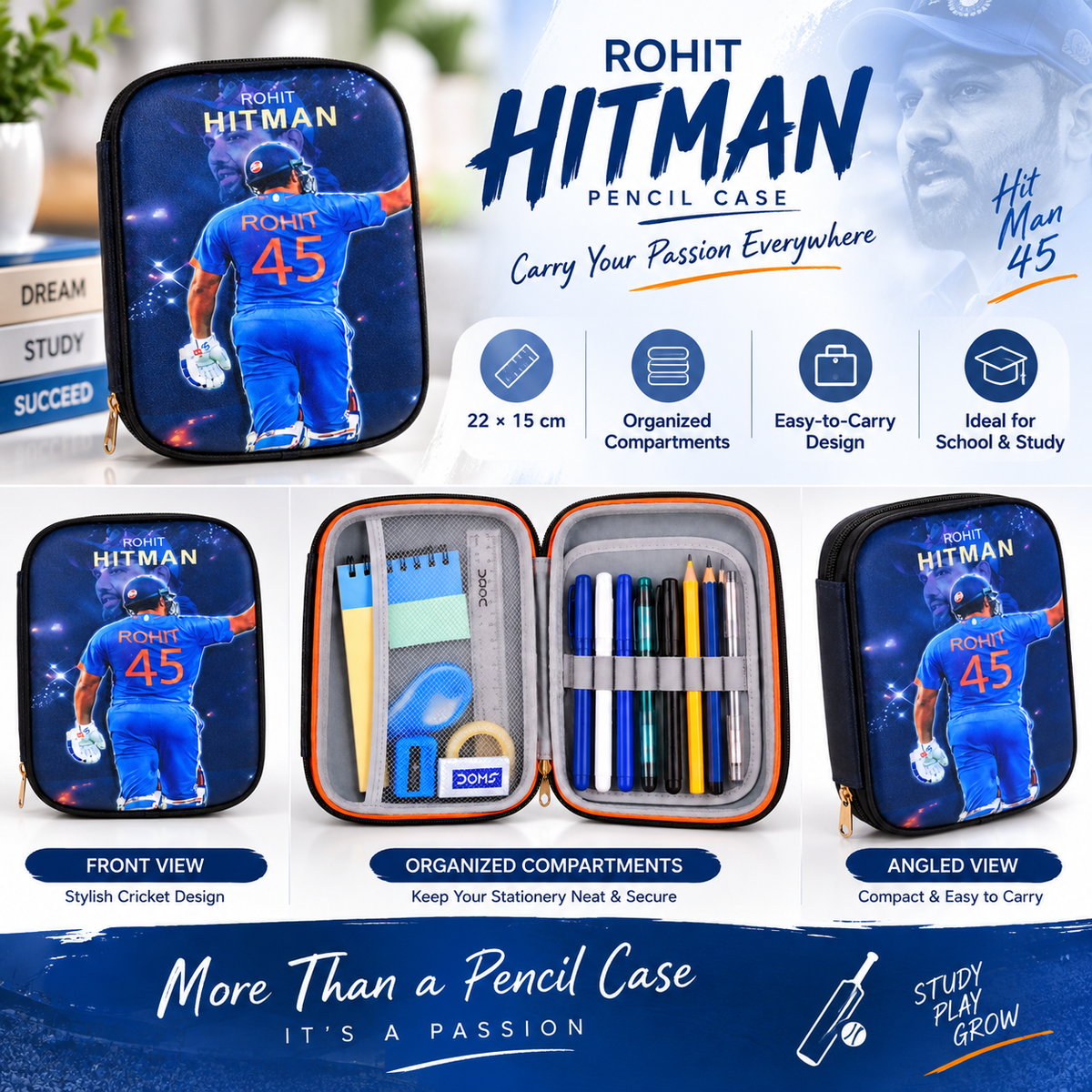Rohit Sharma Cricket Theme Pencil Pouch & Pencil Case | Cricket Stationery Organizer for Kids | Sports Pencil Case for School