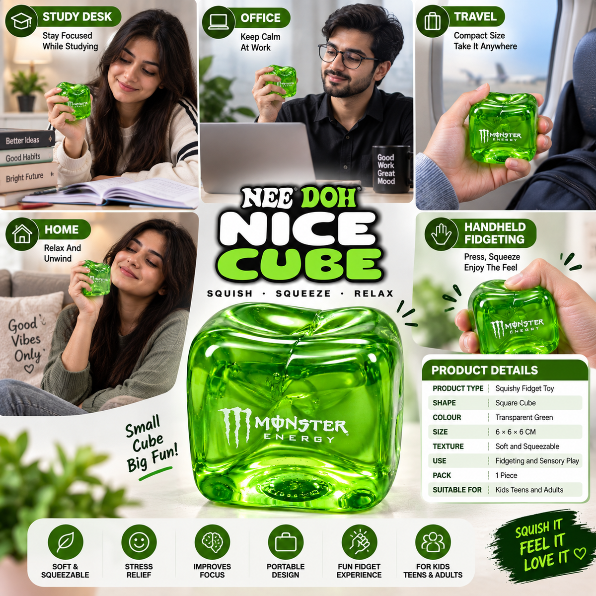 Monster Nice Cube Squishy Toy 6 x 6 x 6 CM – Soft Squeeze Cube for Desk, Kids & Teens 1 Pc