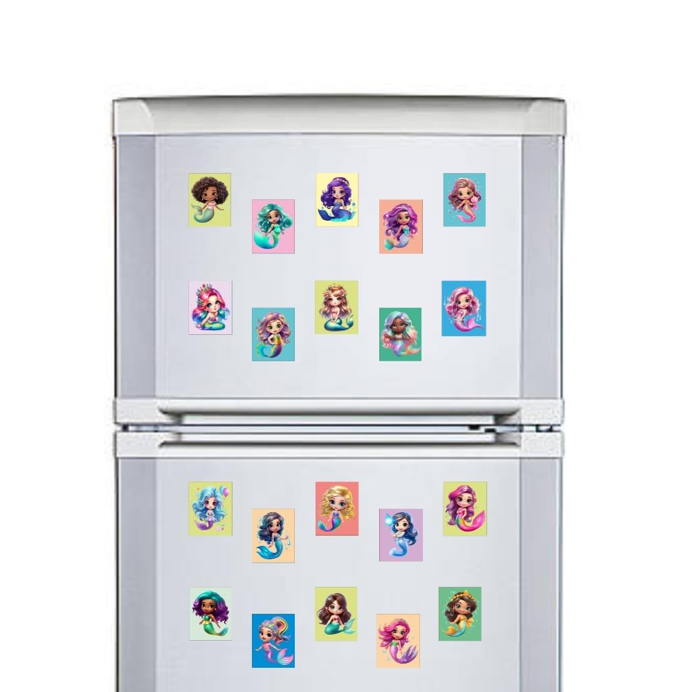 Cute Mermaid Fridge Magnets Set of 20 | Rectangular Character Magnets | Decorative Kitchen, Whiteboard, Locker Accessories | Strong Magnetic for Kids & Home Dcor (4x5 cm)