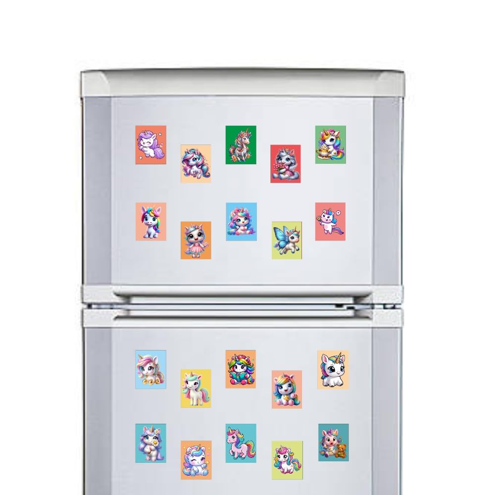 Cute Unicorn Fridge Magnets Set of 20 | Rectangular Character Magnets | Decorative Kitchen, Whiteboard, Locker Accessories | Strong Magnet for Kids & Home Dcor (4x5 cm)