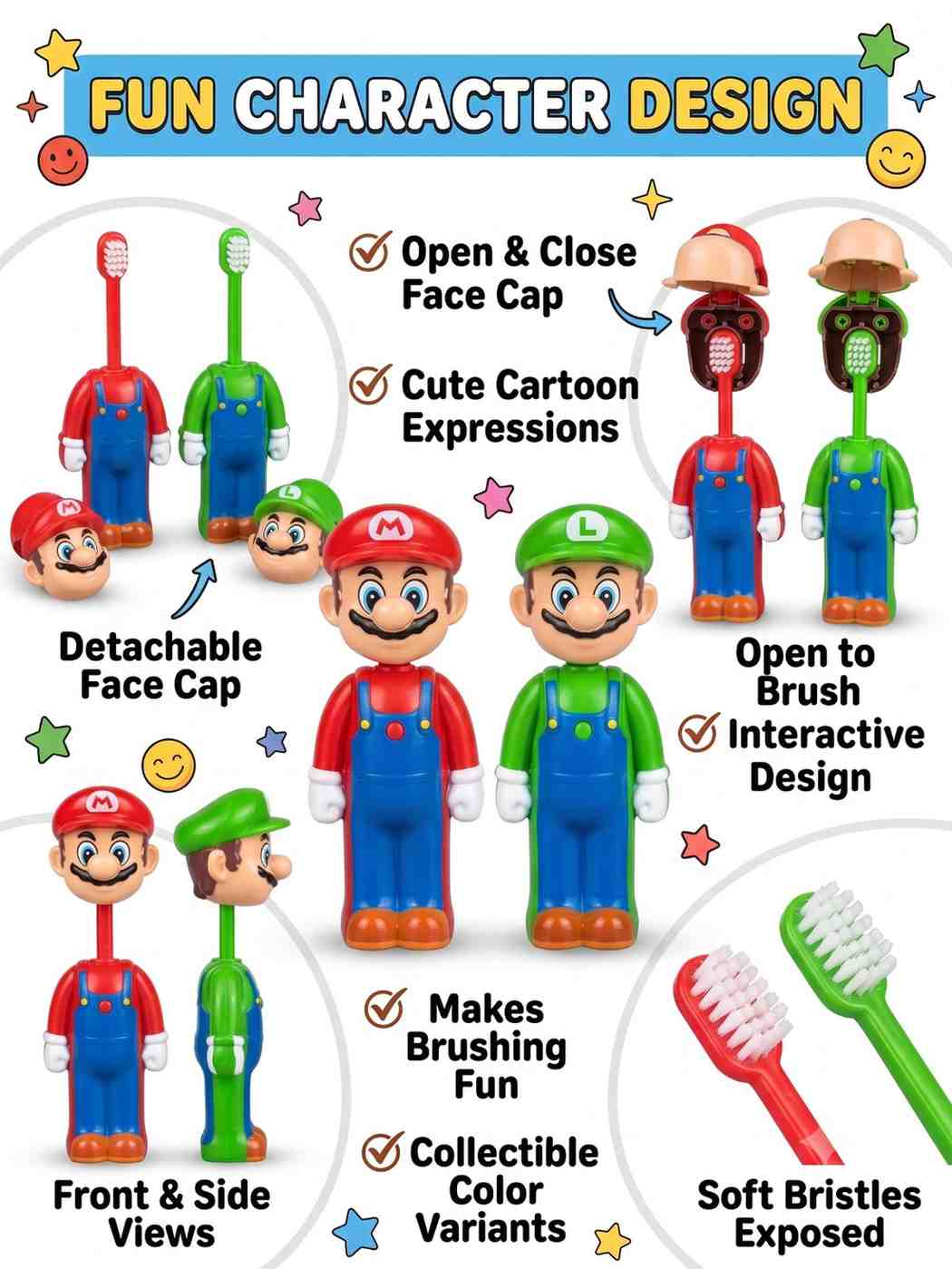 Mario Character Kids Toothbrush Set of 2 | Soft Bristles Cartoon Toothbrush with Protective Cap | Travel Friendly Children's Toothbrush Green & Red