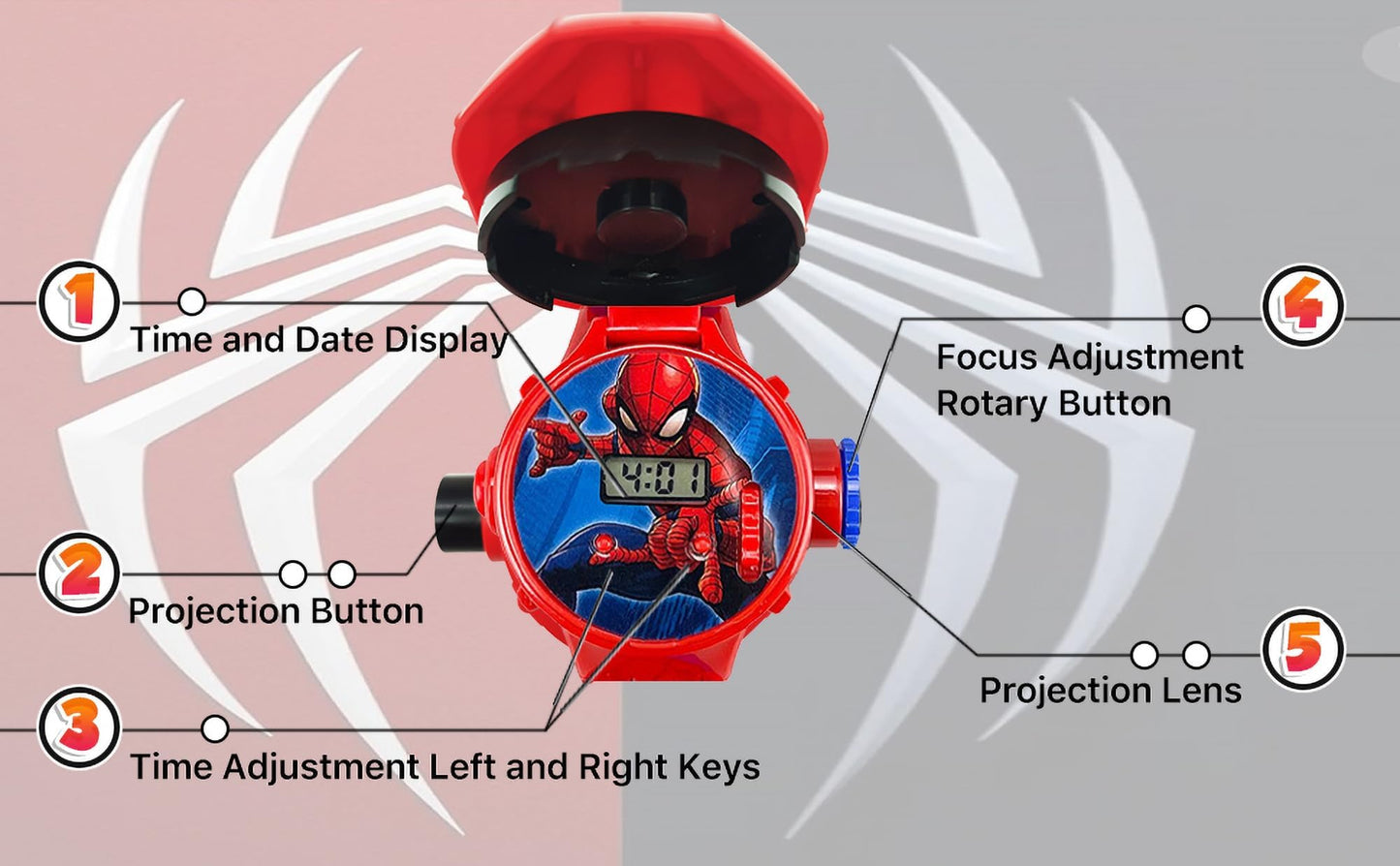 Spider-Man Kids Digital Projection Watch – 24 Image Projector, LED Light, Flip-Open Dial