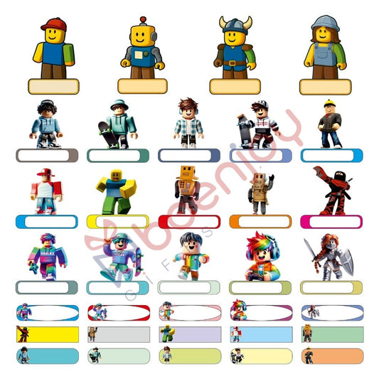 Rob- lox Waterproof Name Label Stickers for Kids- Self-Adhesive Tags for Bottles, Lunch Boxes, Stationery & More - Includes a Branded Black OHP Marker to Write Names (34 pcs)