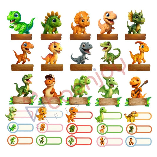Cute Dino Waterproof Name Label Stickers for Kids- Self-Adhesive Tags for Bottles, Lunch Boxes, Stationery & More - Includes a Black OHP Marker to Write Names (30 pcs)