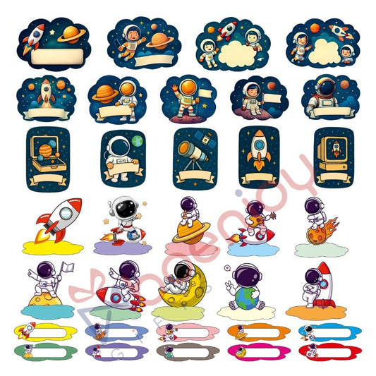 Astronaut Space Waterproof Name Label Stickers for Kids- Self-Adhesive Tags for Bottles, Lunch Boxes, Stationery & More - Includes a Branded Black OHP Marker to Write Names (34 pcs)