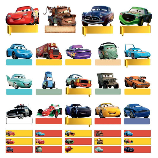 Disnney Cars Waterproof Name Label Stickers for Kids- Self-Adhesive Tags for Bottles, Lunch Boxes, Stationery & More - Includes a Branded Black OHP Marker to Write Names (34 pcs)