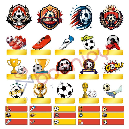Football Waterproof Name Label Stickers for Kids- Self-Adhesive Tags for Bottles, Lunch Boxes, Stationery & More - Includes a Branded Black OHP Marker to Write Names (34 pcs)