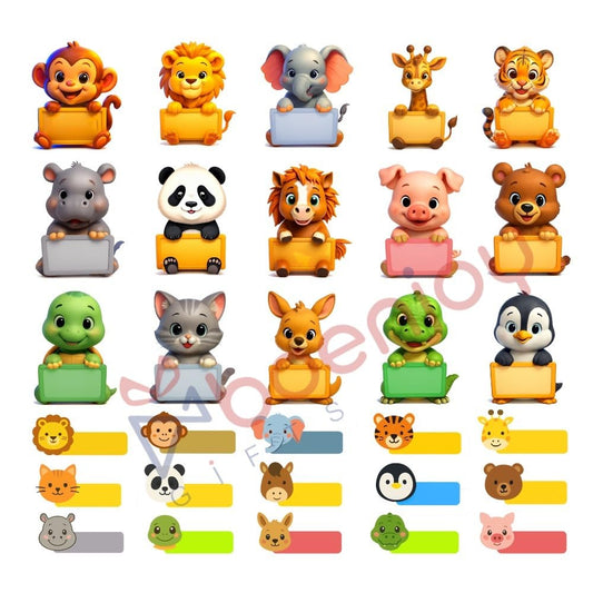 Cute Animal Waterproof Name Label Stickers for Kids- Self-Adhesive Tags for Bottles, Lunch Boxes, Stationery & More - Includes a Branded Black OHP Marker to Write Names (30 pcs)