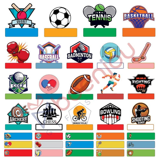 Sports Theme Waterproof Name Label Stickers for Kids- Self-Adhesive Tags for Bottles, Lunch Boxes, Stationery & More - Includes a Branded Black OHP Marker to Write Names (34 pcs)