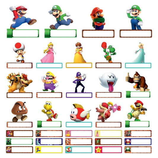 Super Mario Waterproof Name Label Stickers for Kids- Self-Adhesive Tags for Bottles, Lunch Boxes, Stationery & More - Includes a Branded Black OHP Marker to Write Names (34 pcs)
