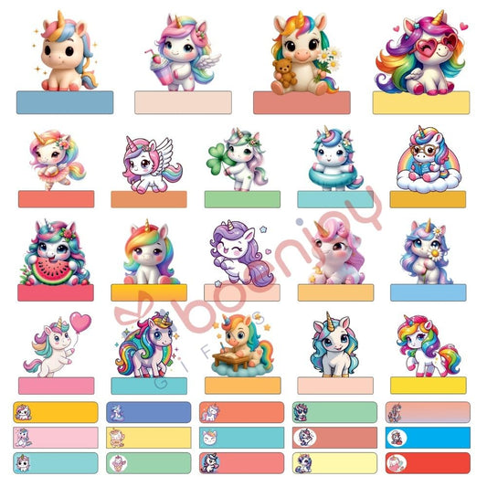 Unicorn Waterproof Name Label Stickers for Kids- Self-Adhesive Tags for Bottles, Lunch Boxes, Stationery & More - Includes a Branded Black OHP Marker to Write Names (34 pcs)